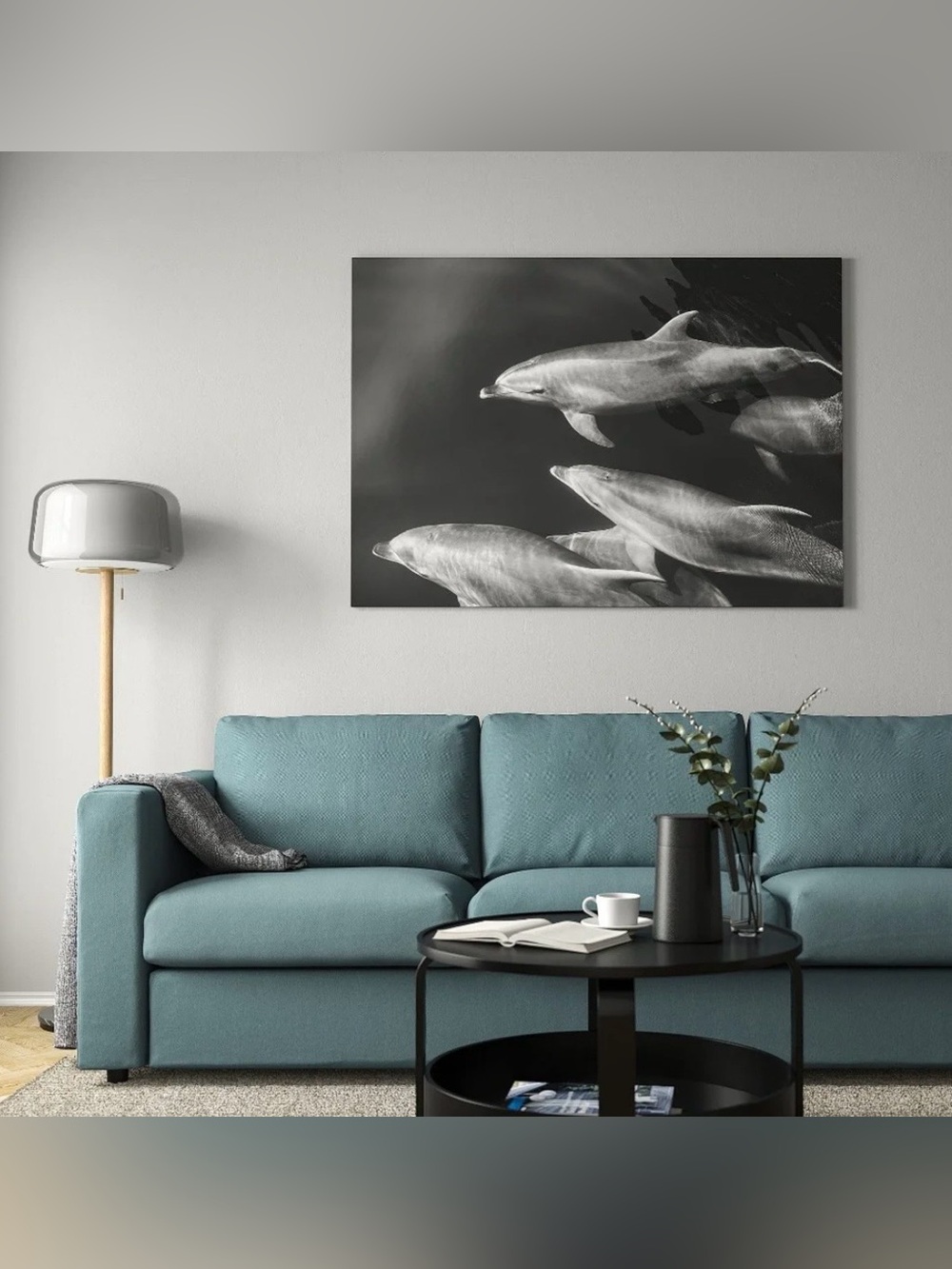 IKEA BJORKSTA | Large Black & White Dolphin Canvas Wall Art | 140 x 100 cm.